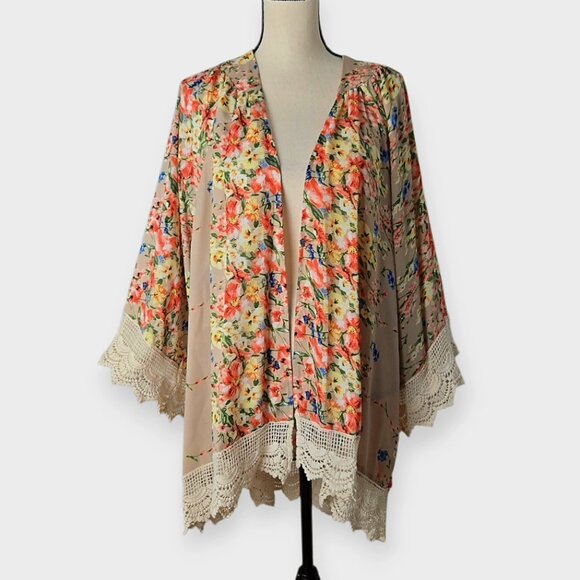 Umgee Tan Floral Print Open Front Kimono M/L - Picture 1 of 6